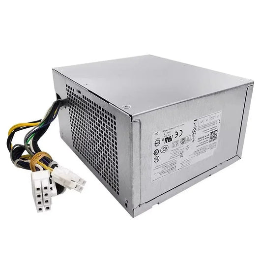 Silver ATX power supply unit with multi-colored cables and safety labels for PC builds