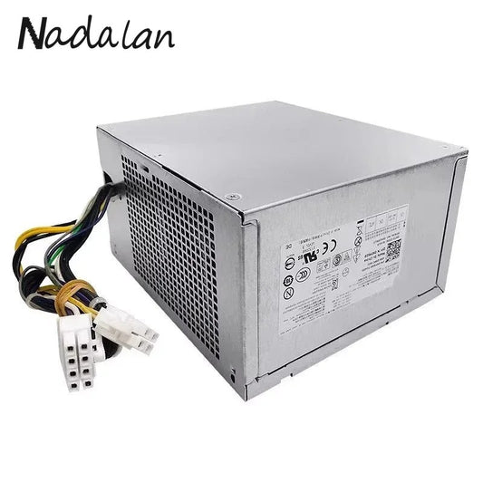 Silver ATX power supply unit with multi-colored cables and safety labels for PC builds